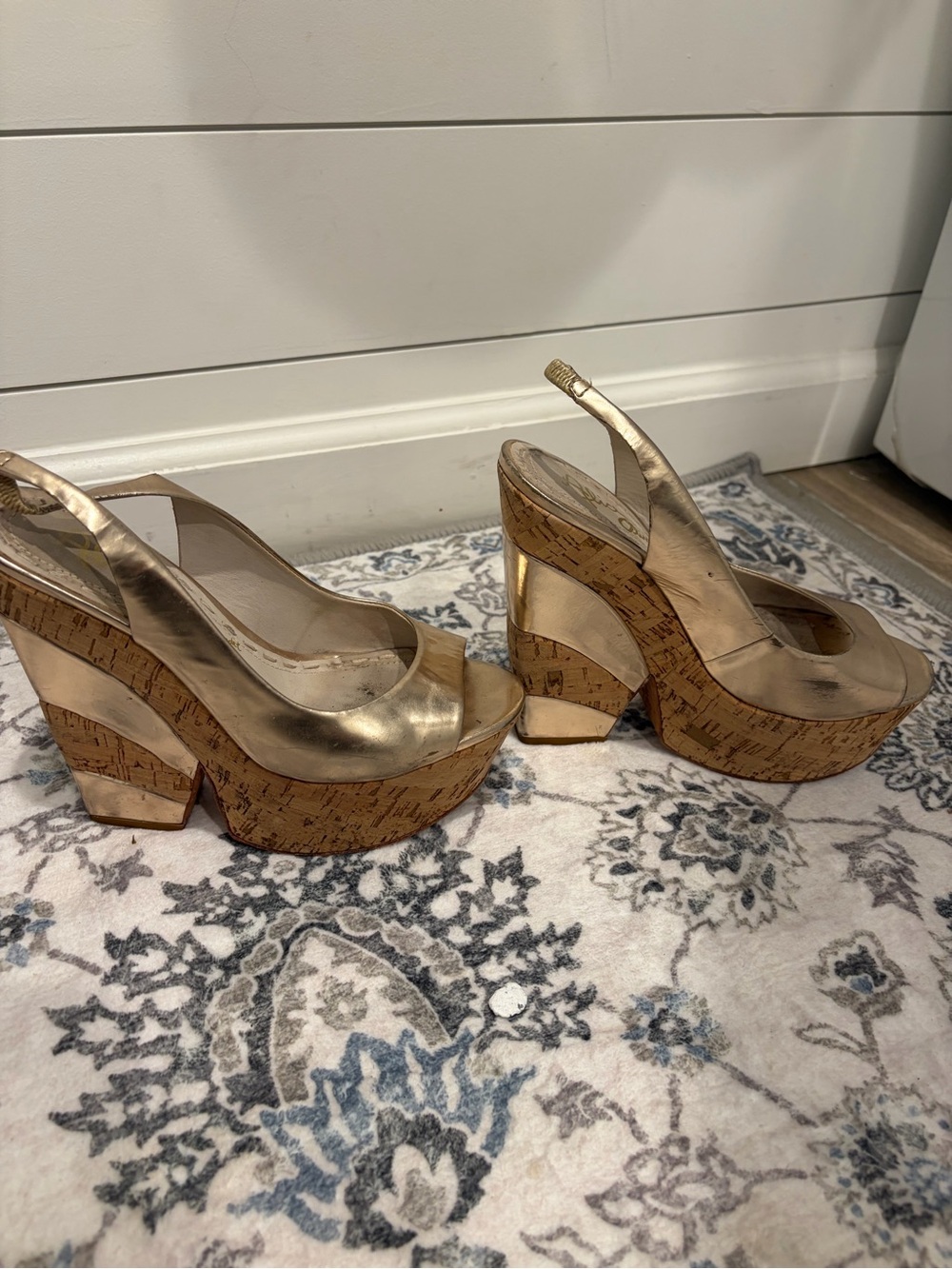 Alice + Olivia Metallic Gold Cork Platform Wedge Slingbacks